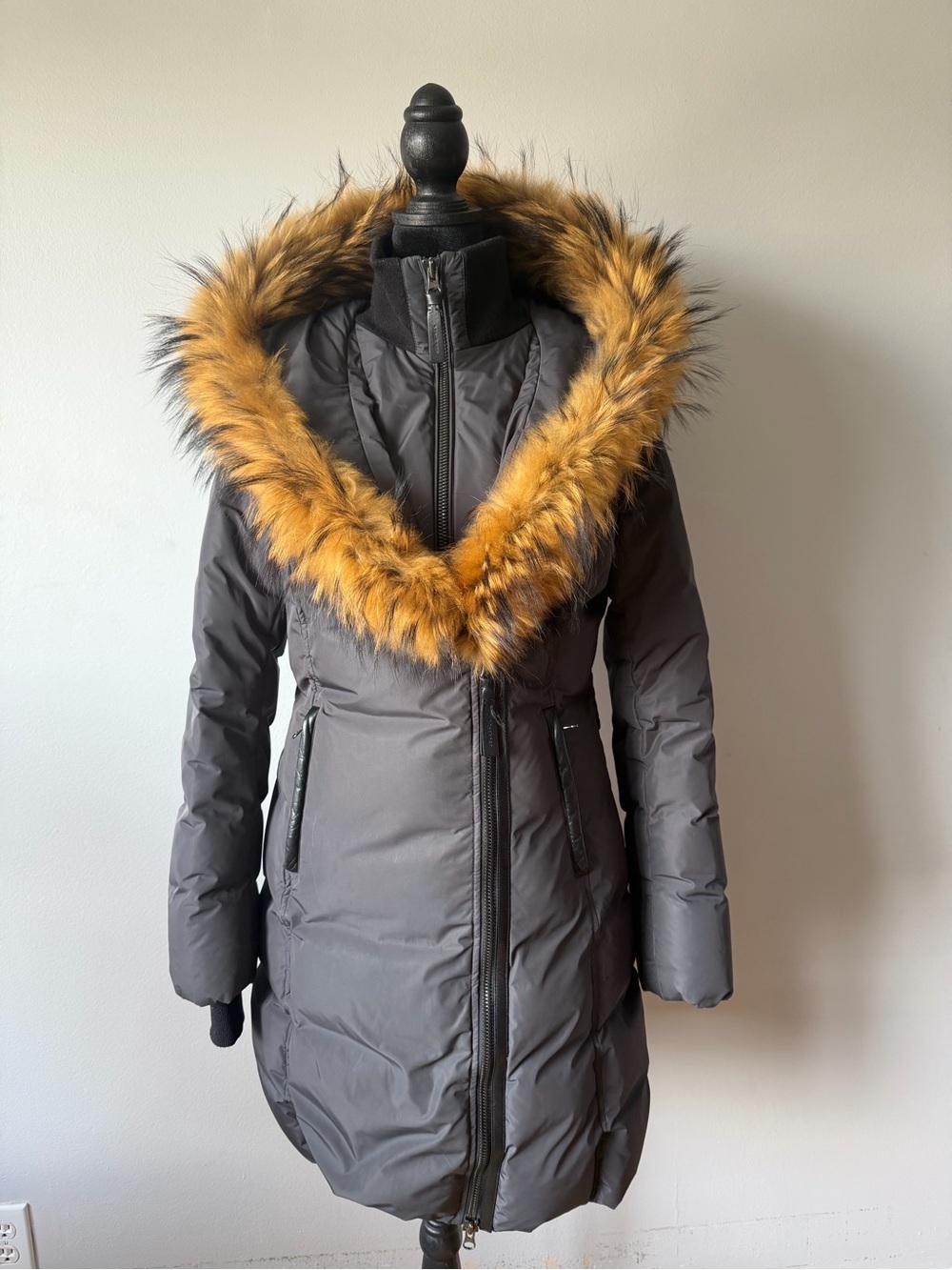 Mackage Gray Puffer Coat with Golden Faux-Fur Trim Hood
